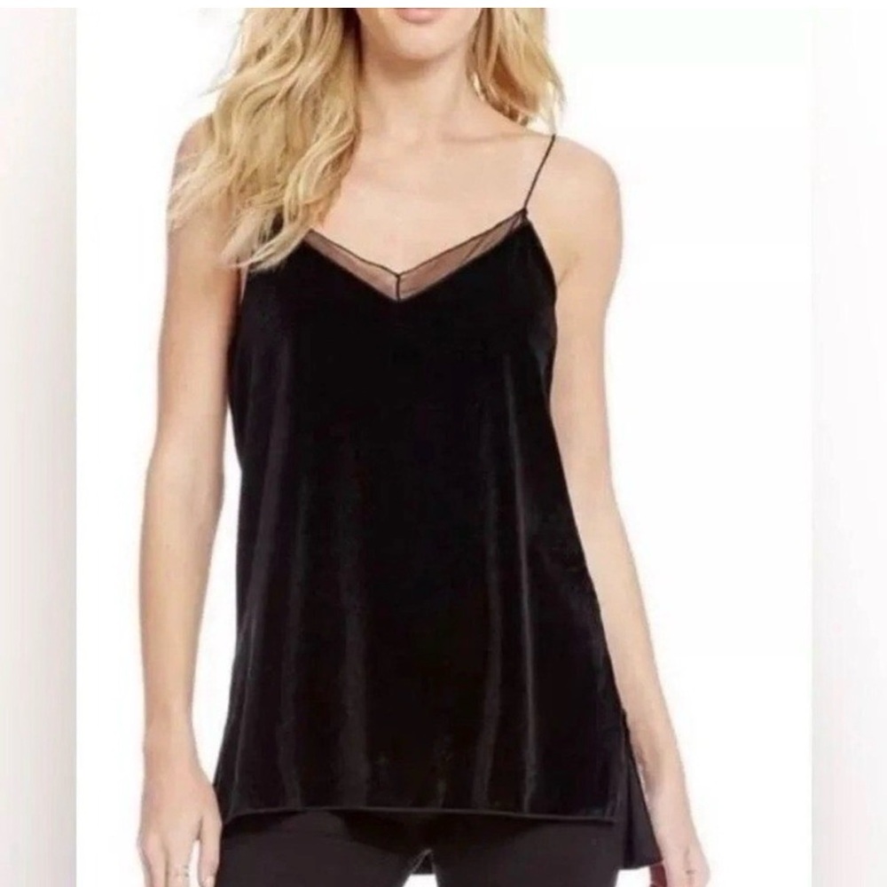 Free People Black Velvet Cami Mesh Trim Spaghetti Strap Tank Top S‎